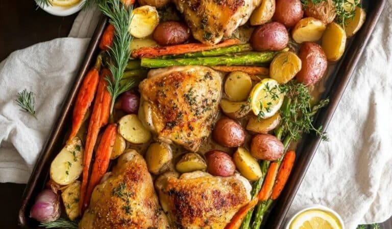 Sheet-pan lemon herb chicken with potatoes and asparagus on a roasting pan