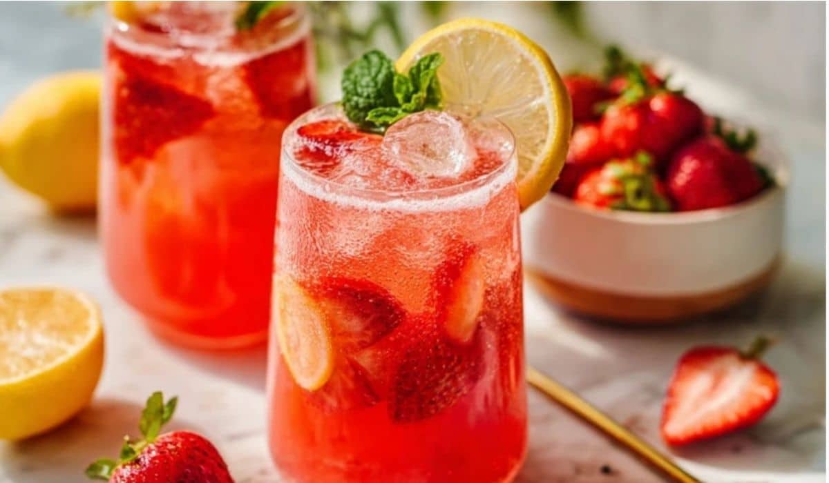 Sparkling strawberry lemonade in two icy glasses with lemon slices and fresh strawberries